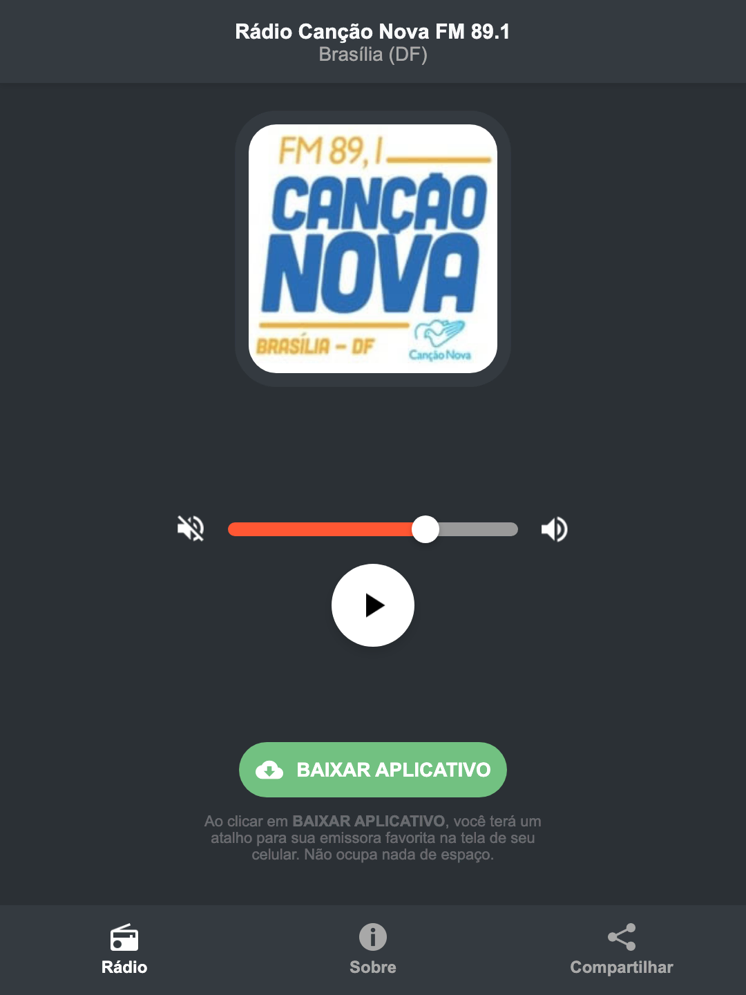 Screenshot do aplicativo da Rádio Canção Nova FM 89.1
