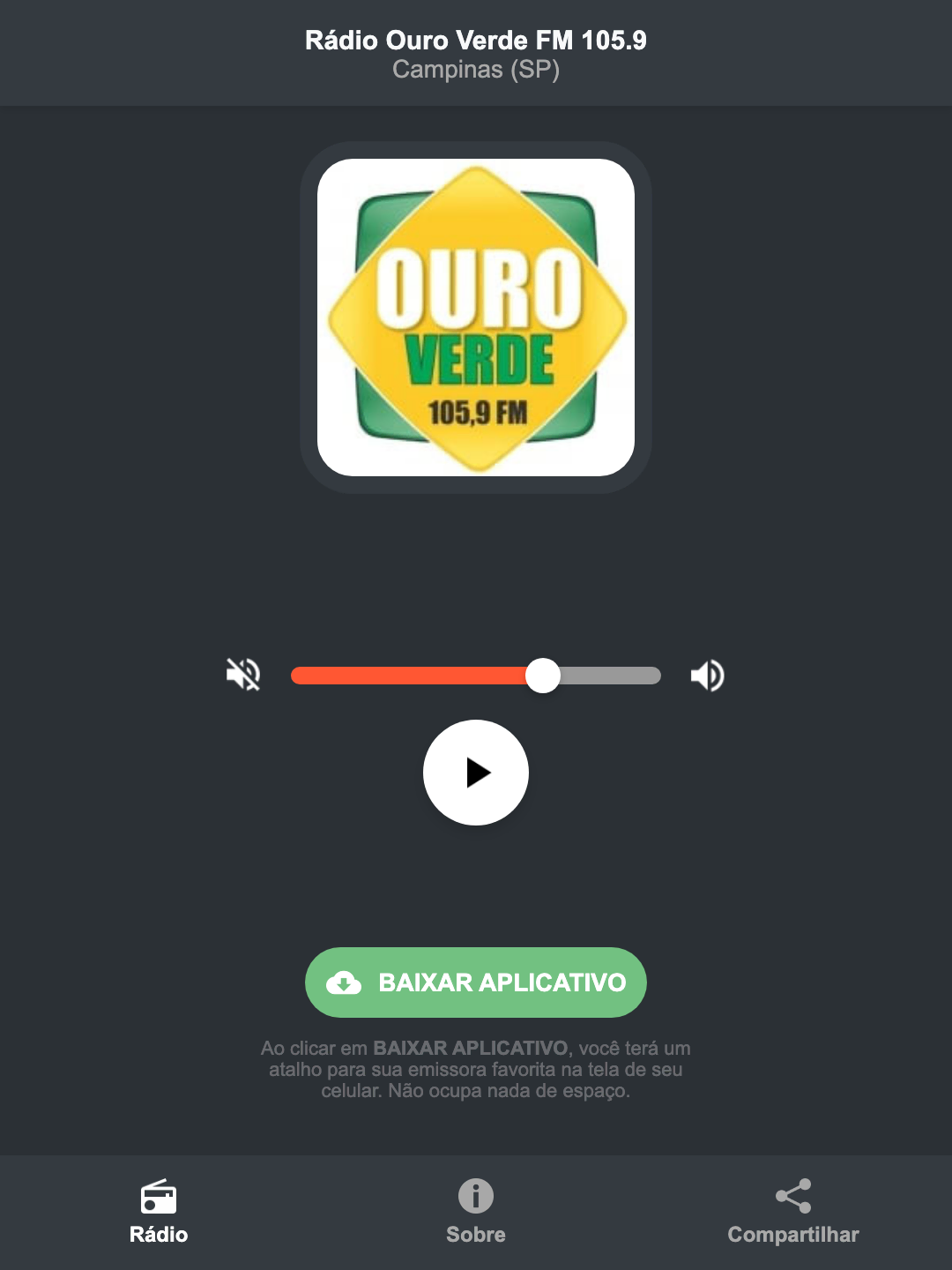 Screenshot do aplicativo da Rádio Ouro Verde FM 105.9