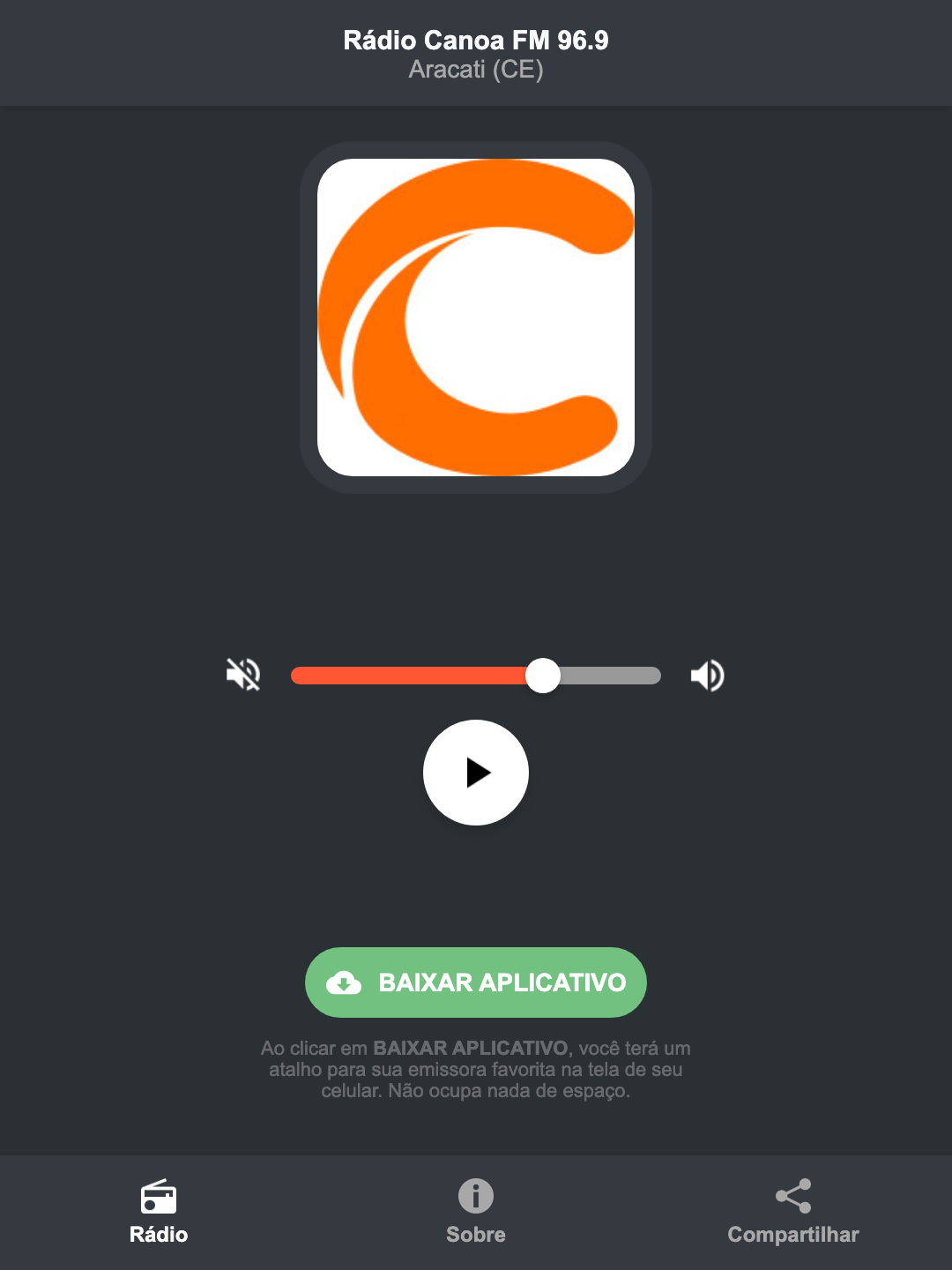 Screenshot do aplicativo da Rádio Canoa FM 96.9