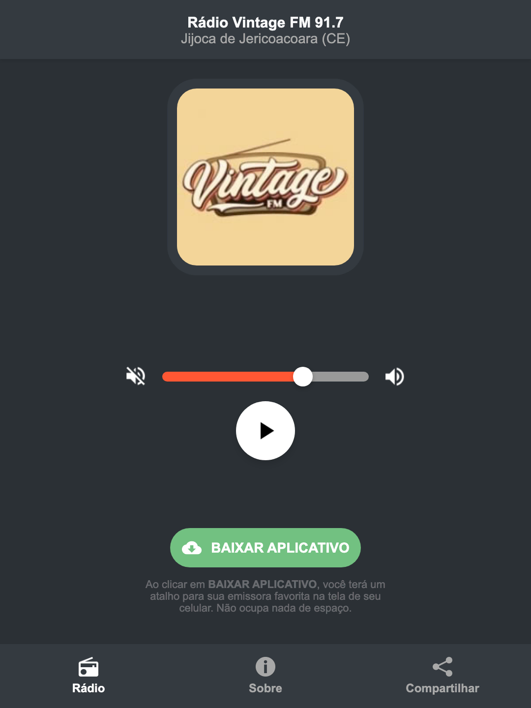 Screenshot do aplicativo da Rádio Vintage FM 91.7