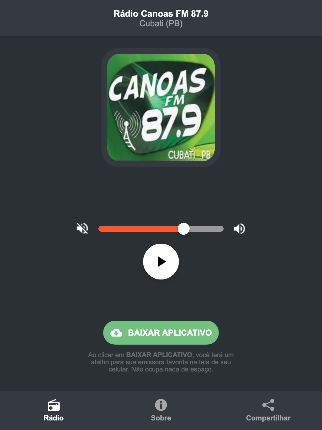 Screenshot do aplicativo da Rádio Canoas FM 87.9