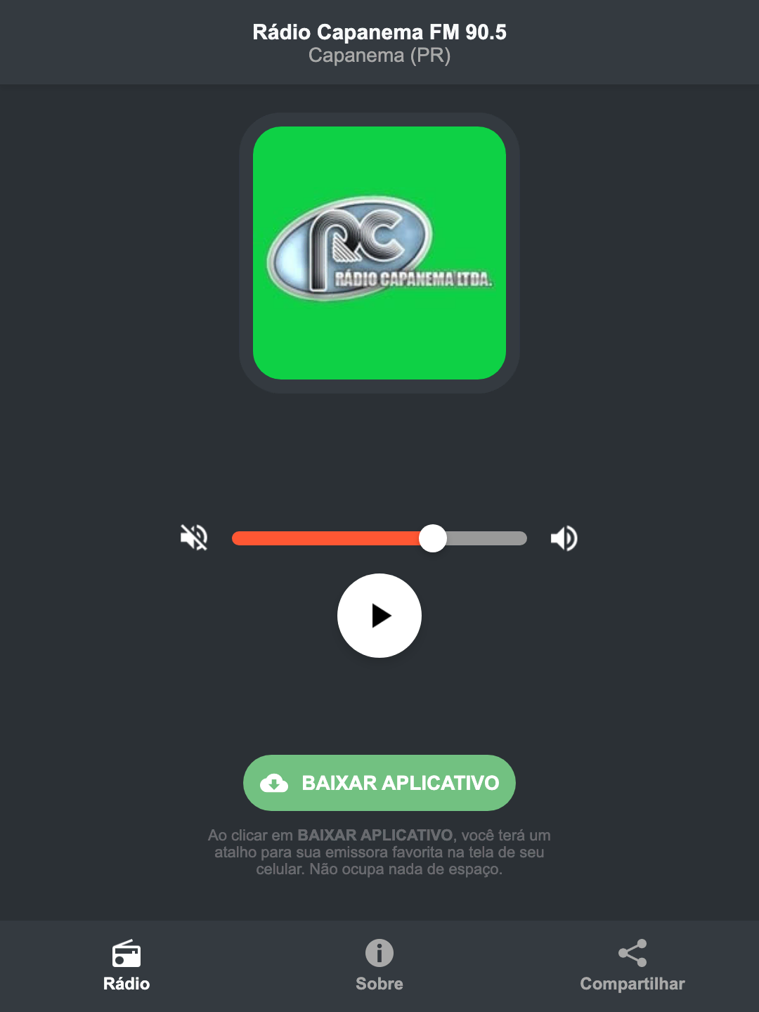 Screenshot do aplicativo da Rádio Capanema FM 90.5