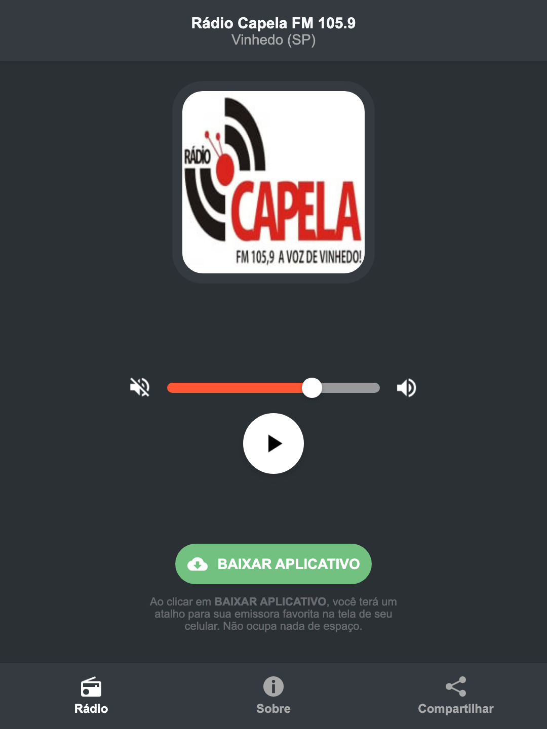 Screenshot do aplicativo da Rádio Capela FM 105.9