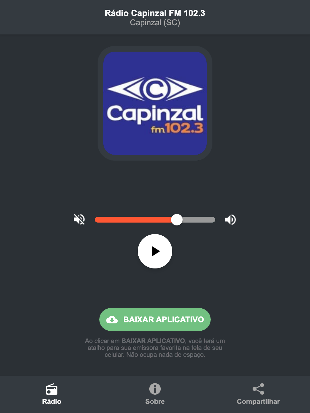 Screenshot do aplicativo da Rádio Capinzal FM 102.3