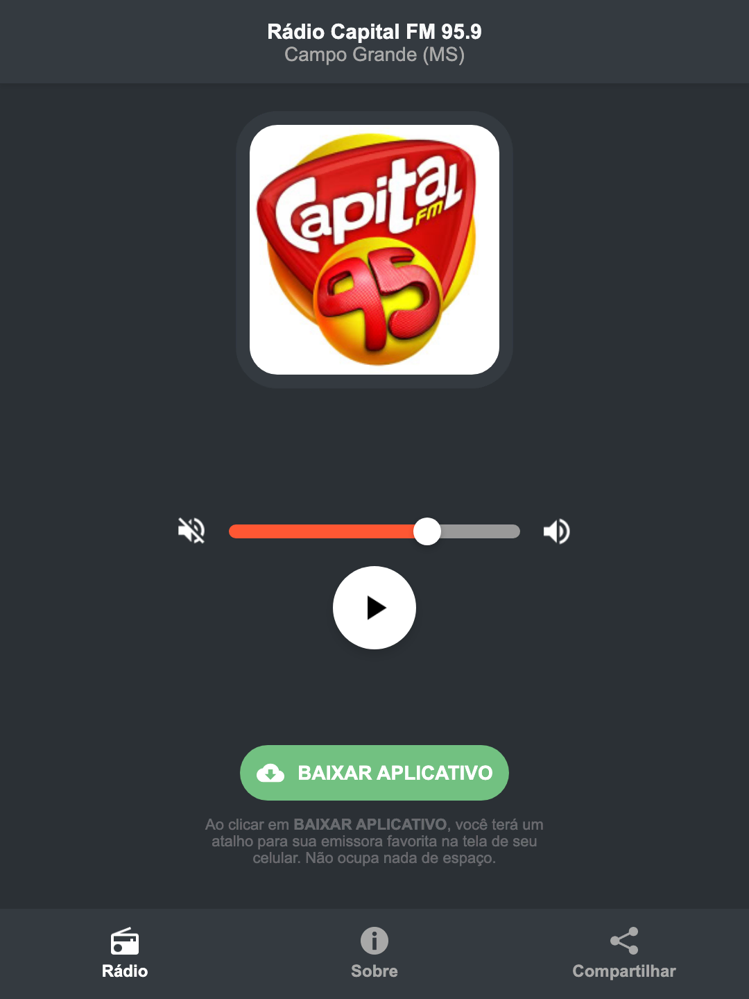 Screenshot do aplicativo da Rádio Capital FM 95.9