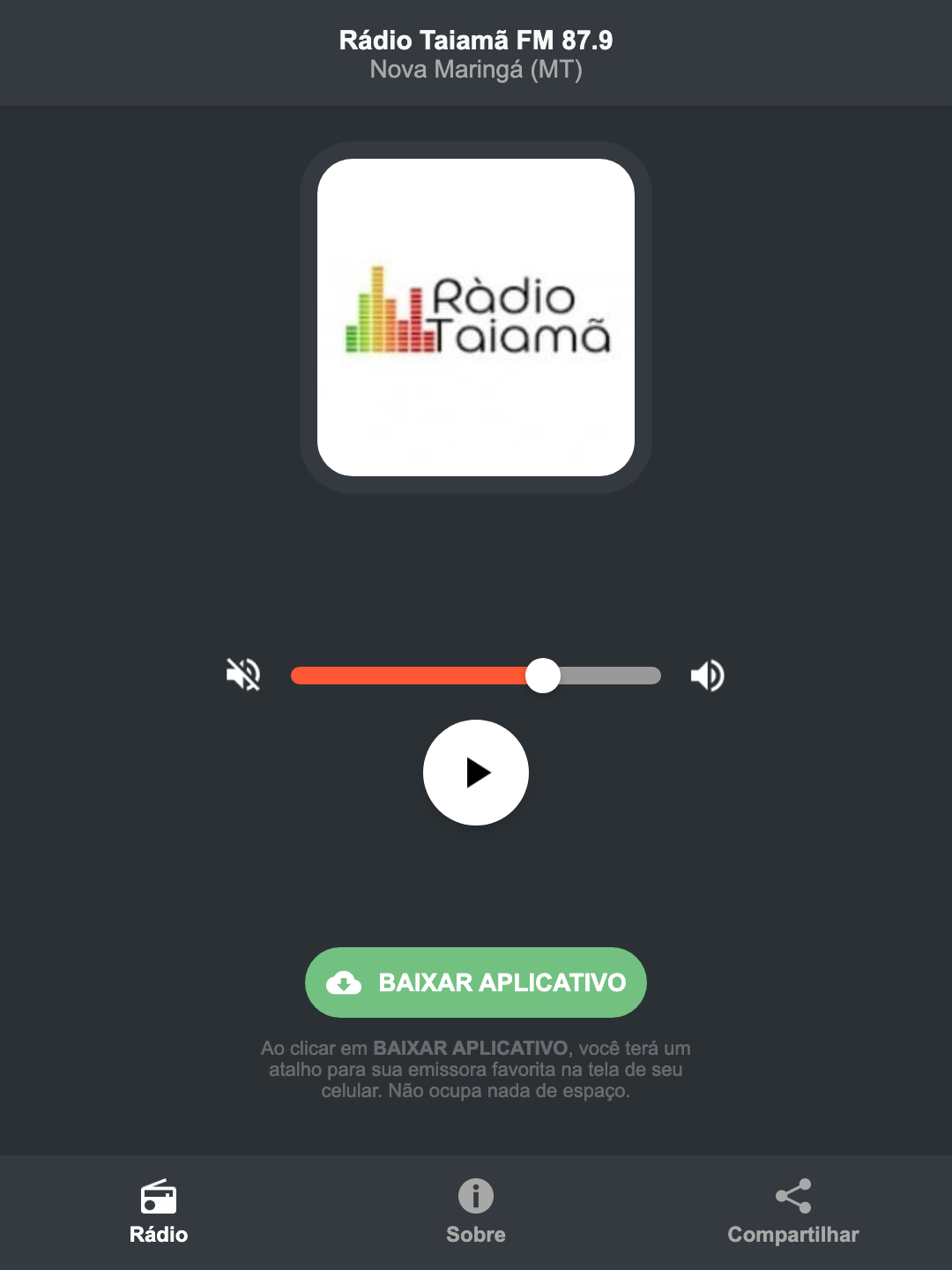 Screenshot do aplicativo da Rádio Taiamã FM 87.9