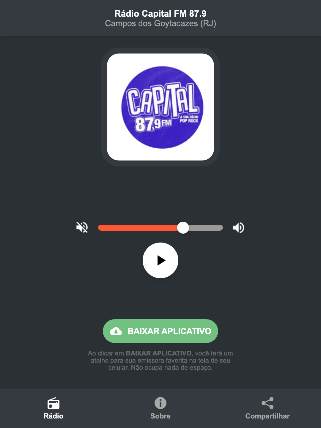 Screenshot do aplicativo da Rádio Capital FM 87.9