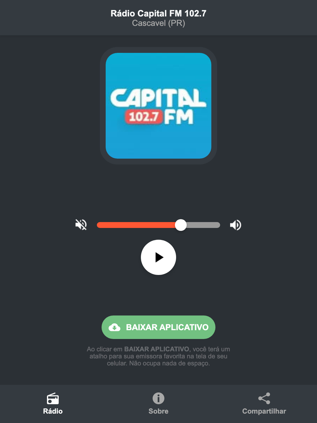 Screenshot do aplicativo da Rádio Capital FM 102.7