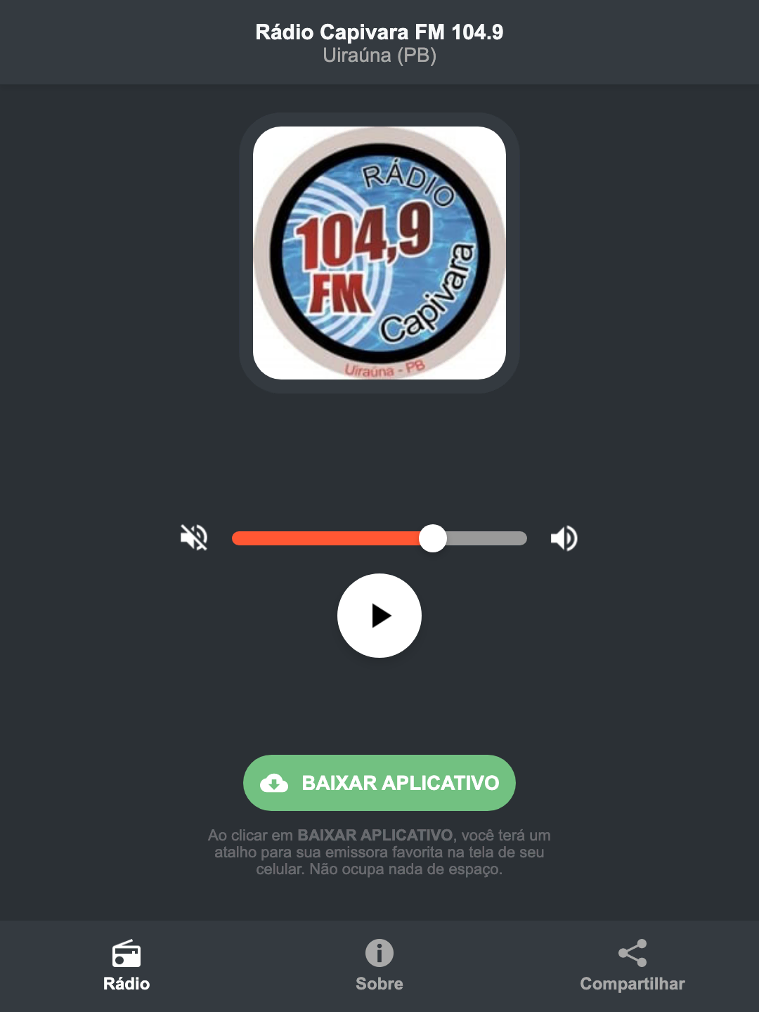 Screenshot do aplicativo da Rádio Capivara FM 104.9