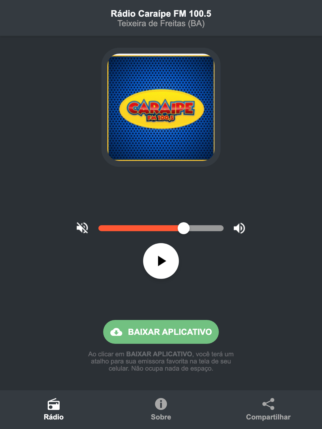 Screenshot do aplicativo da Rádio Caraípe FM 100.5