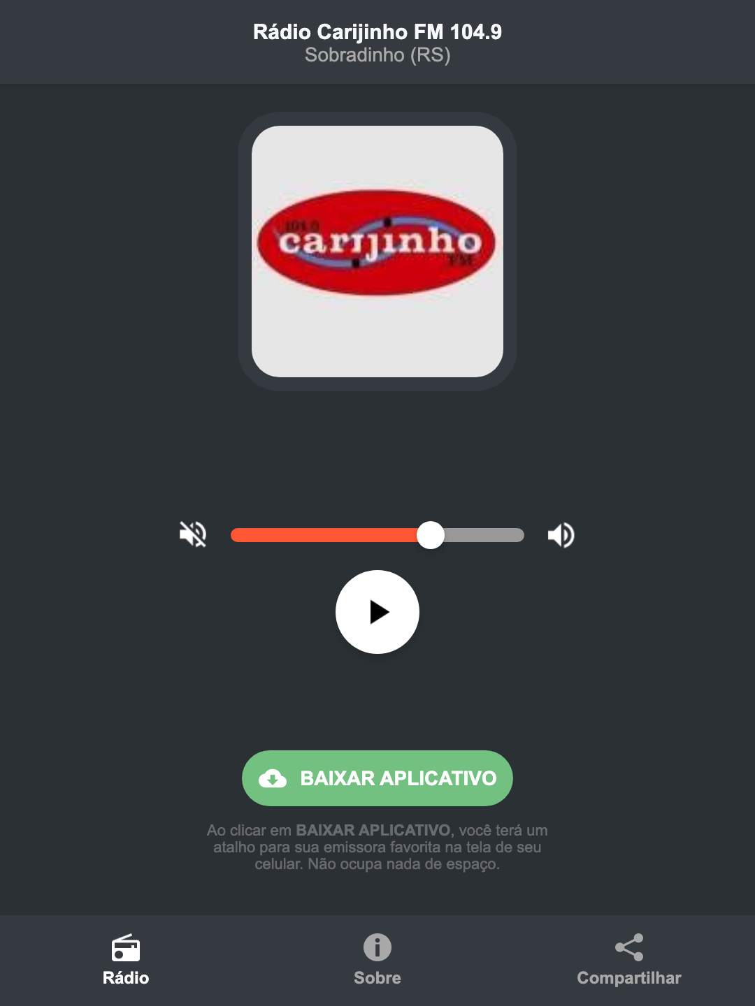 Screenshot do aplicativo da Rádio Carijinho FM 104.9