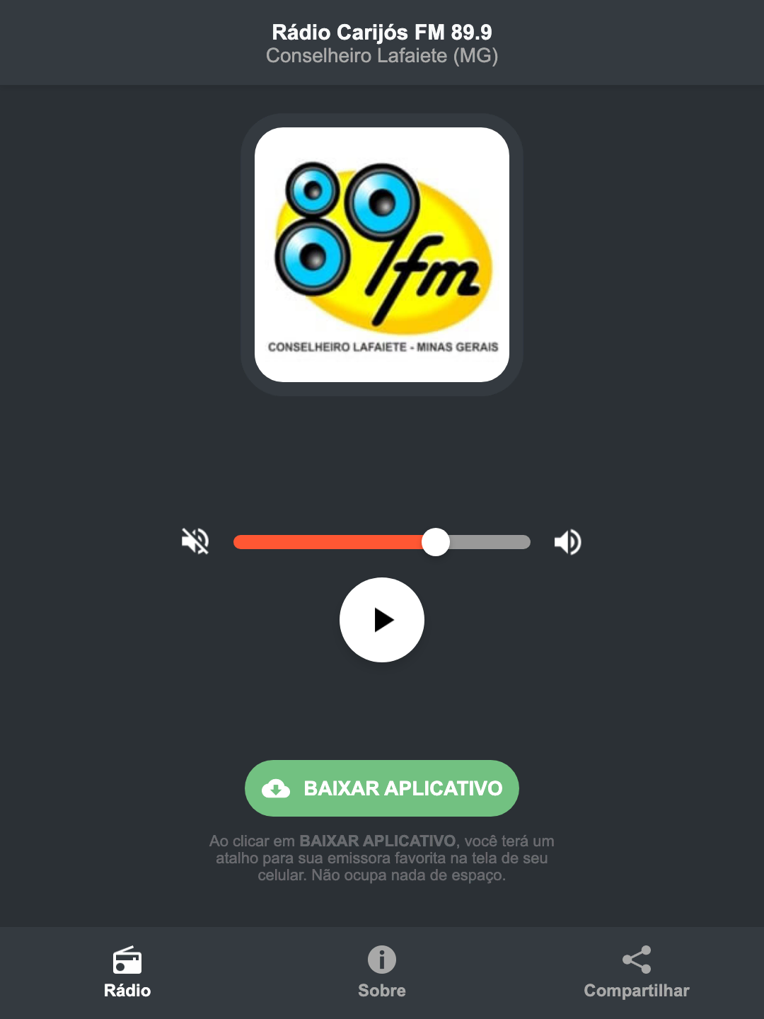 Screenshot do aplicativo da Rádio Carijós FM 89.9