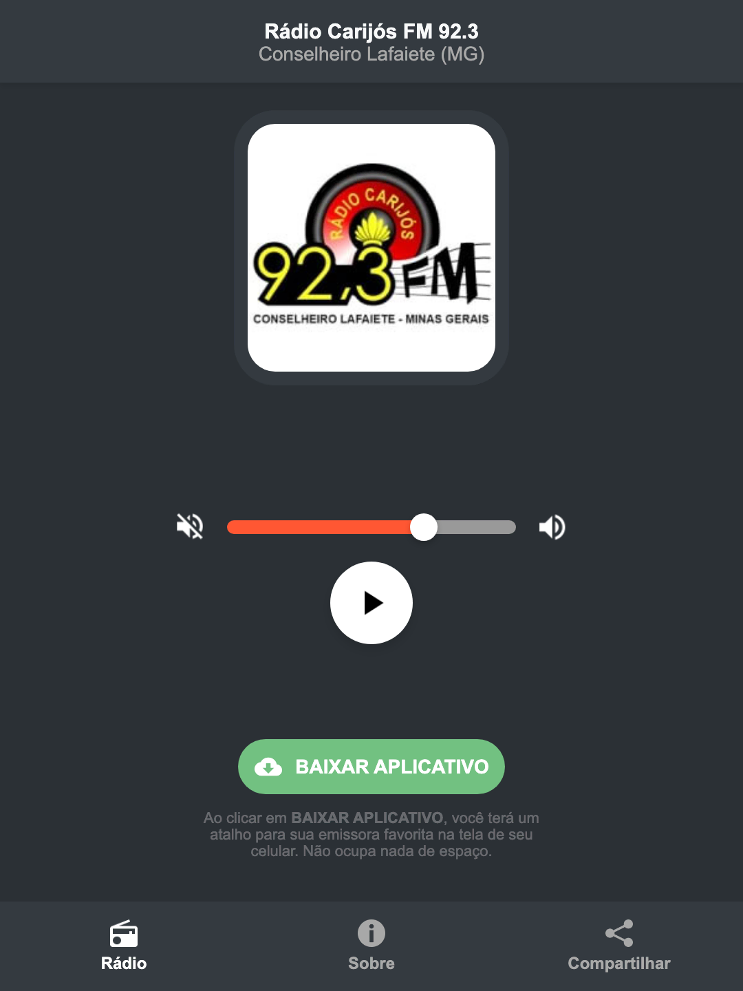 Screenshot do aplicativo da Rádio Carijós FM 92.3