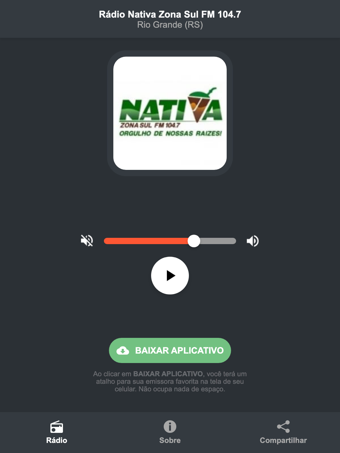 Screenshot do aplicativo da Rádio Nativa Zona Sul FM 104.7