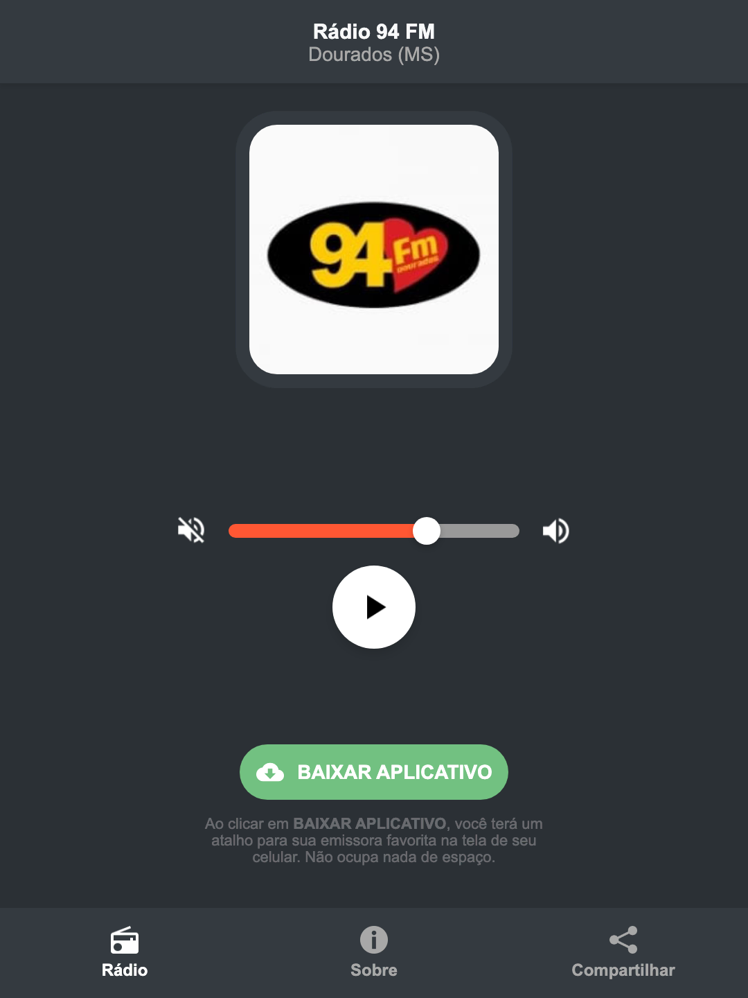 Screenshot do aplicativo da Rádio 94 FM