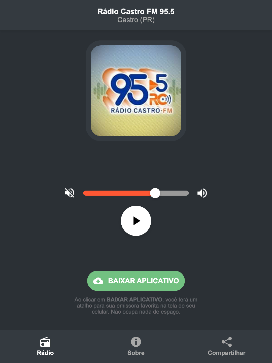 Screenshot do aplicativo da Rádio Castro FM 95.5