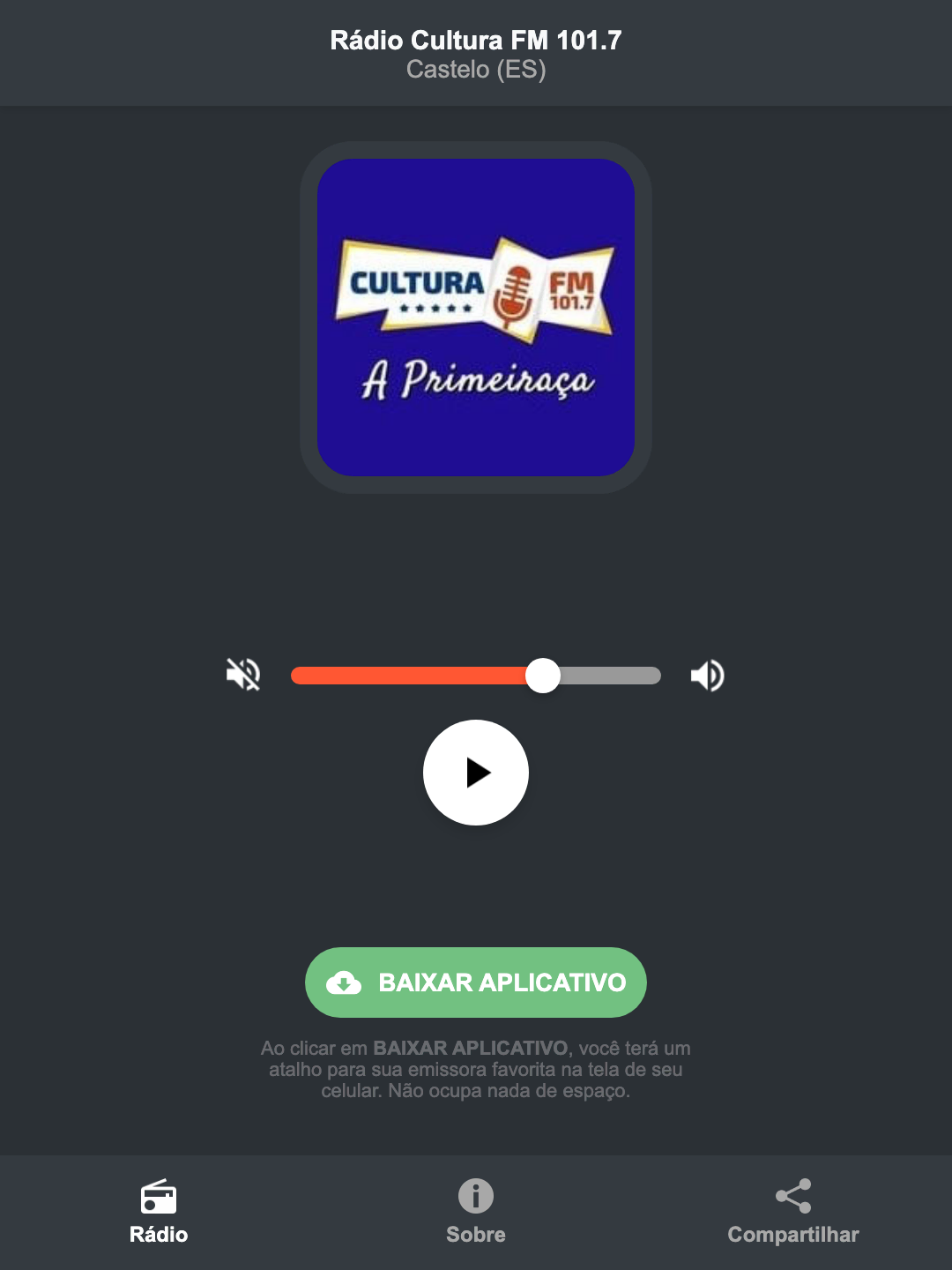 Screenshot do aplicativo da Rádio Cultura FM 101.7