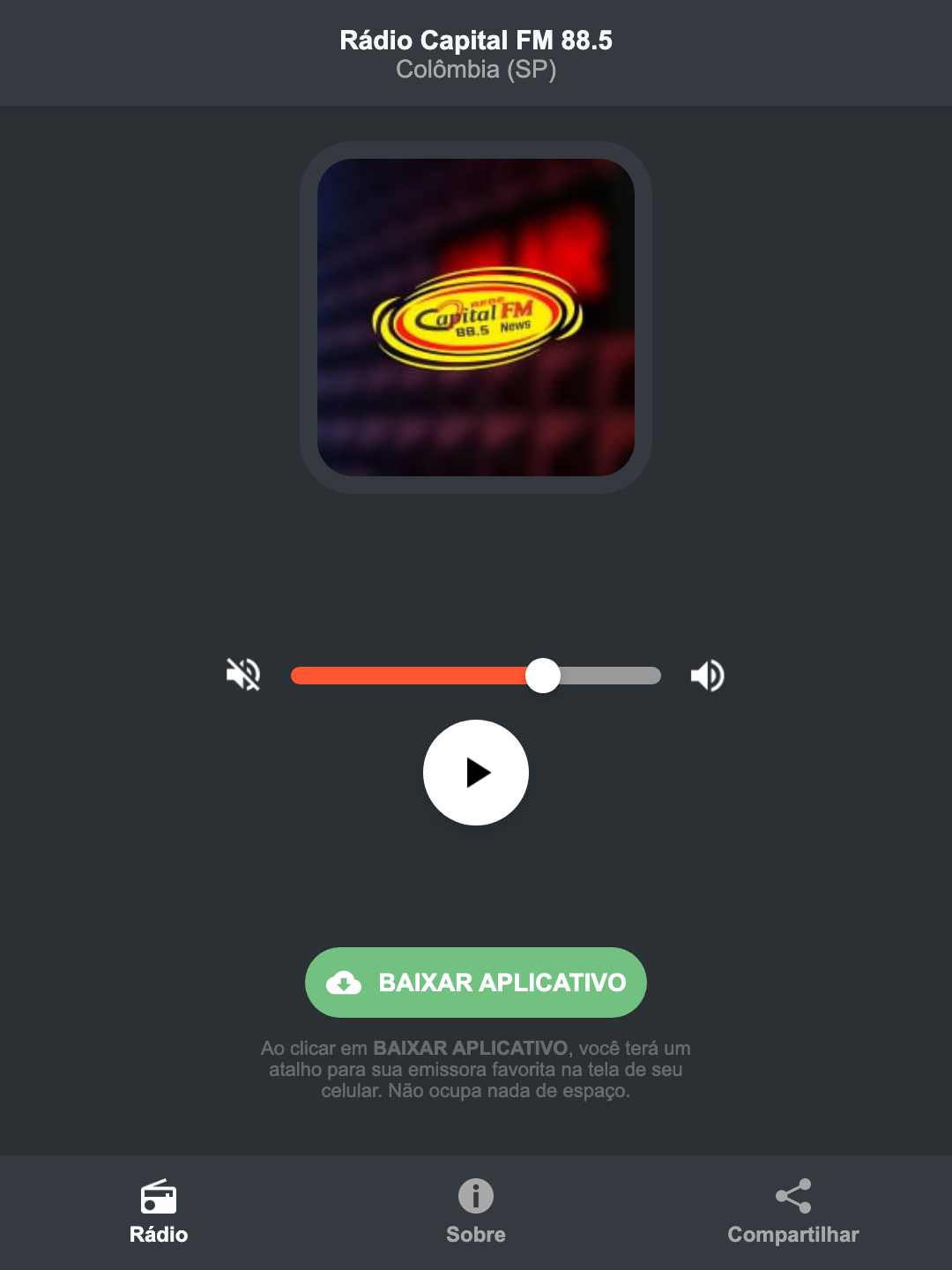 Screenshot do aplicativo da Rádio Capital FM 88.5