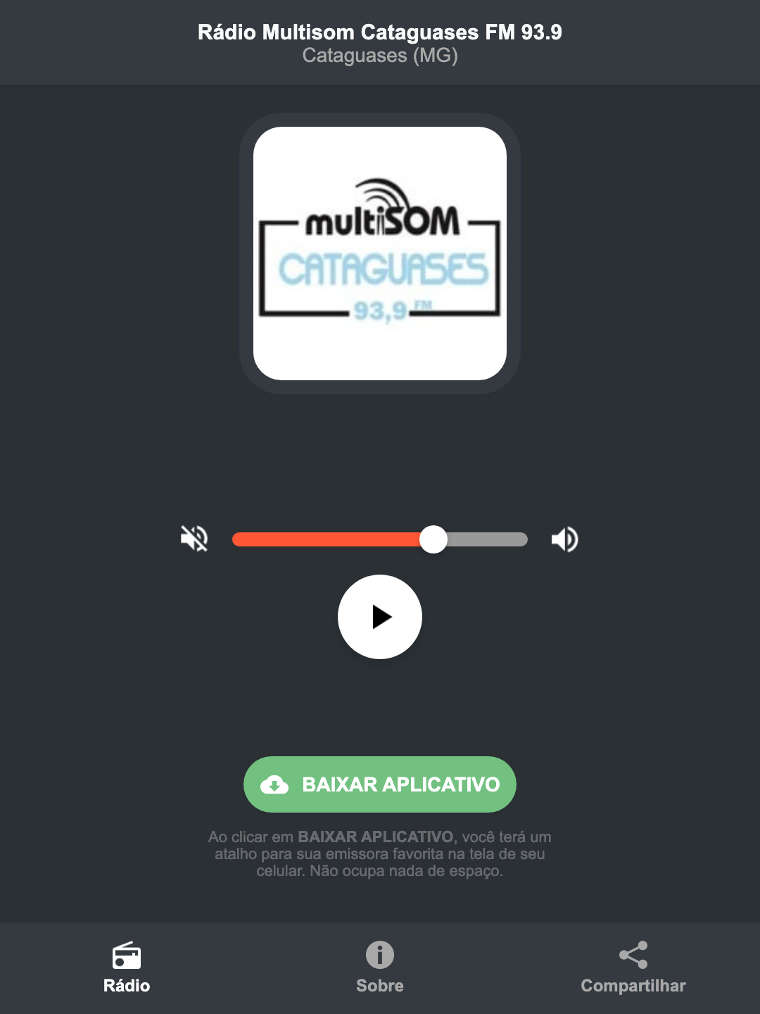 Screenshot do aplicativo da Rádio Multisom Cataguases FM 93.9