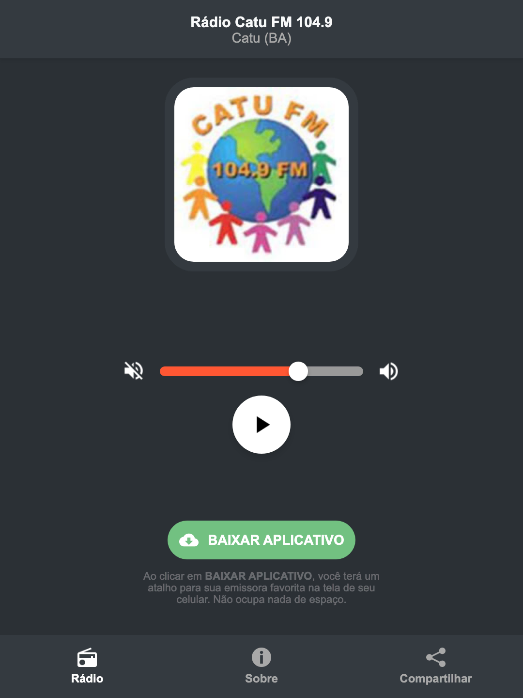 Screenshot do aplicativo da Rádio Catu FM 104.9