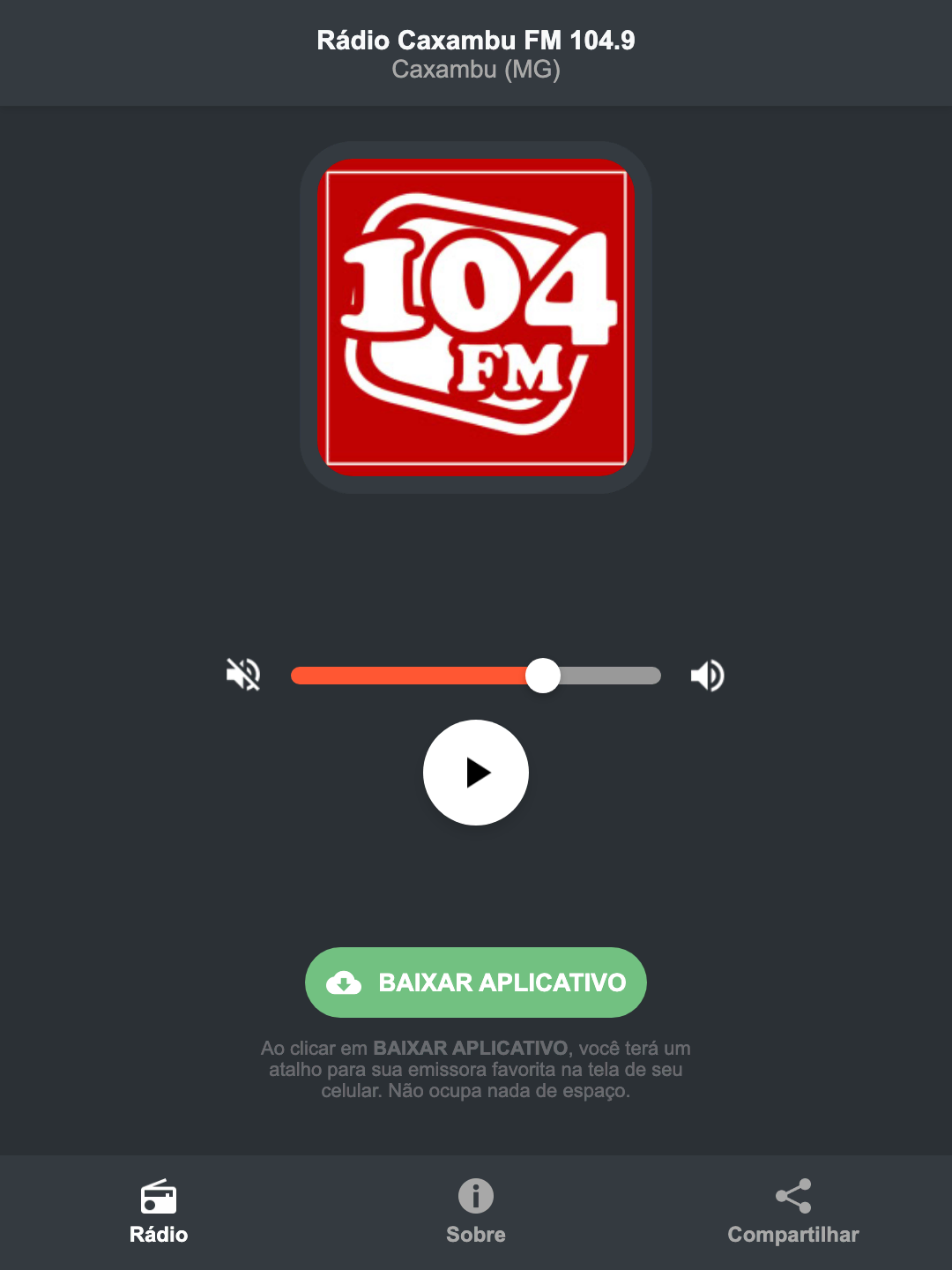 Screenshot do aplicativo da Rádio Caxambu FM 104.9