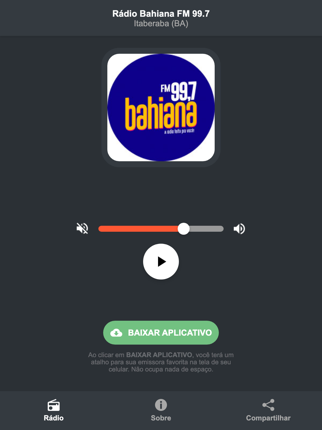 Screenshot do aplicativo da Rádio Bahiana FM 99.7