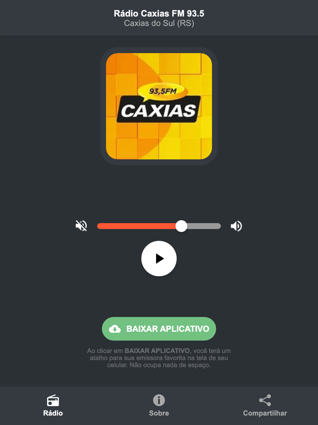 Screenshot do aplicativo da Rádio Caxias FM 93.5