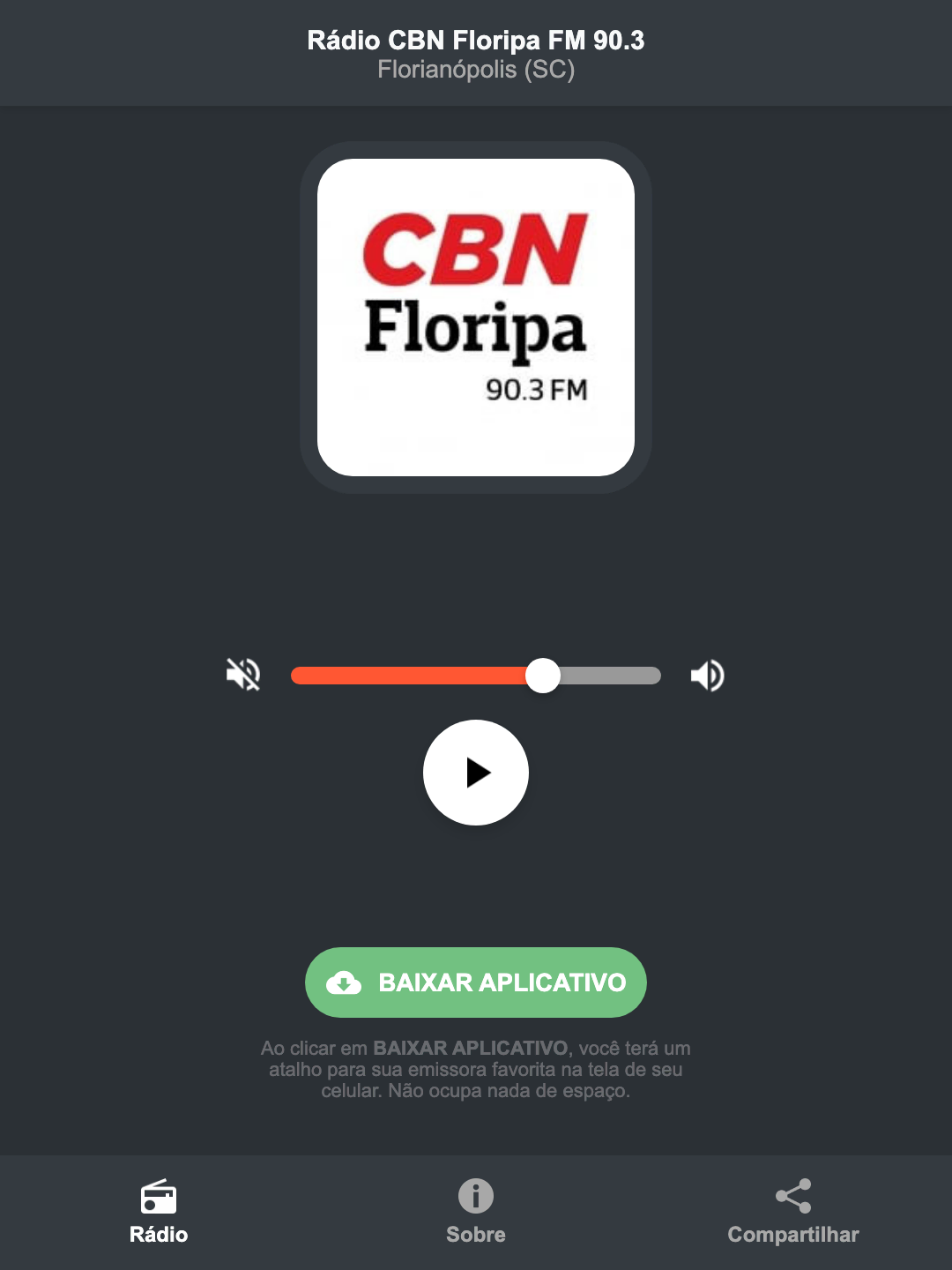 Screenshot do aplicativo da Rádio CBN Floripa FM 90.3