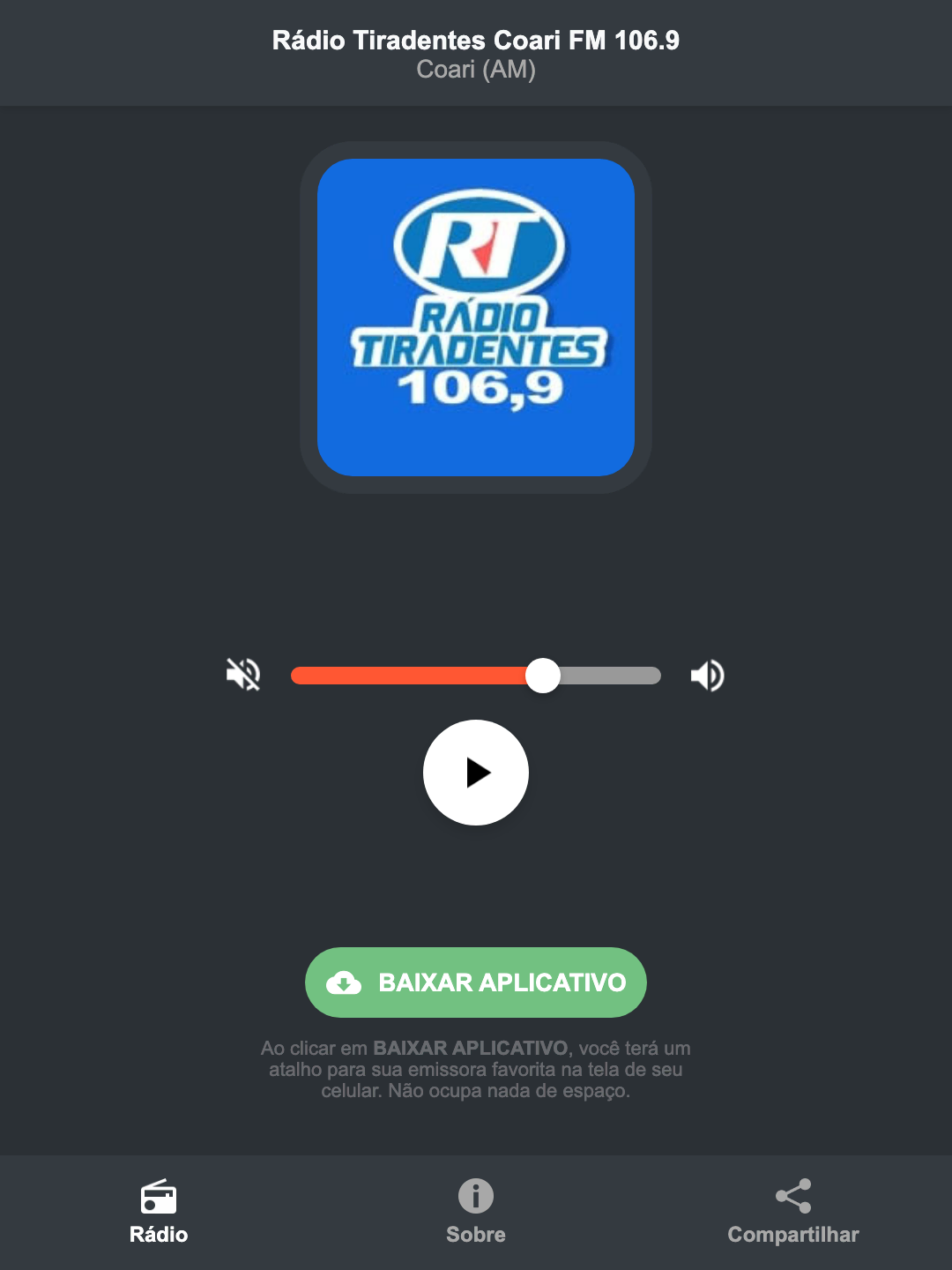 Screenshot do aplicativo da Rádio Tiradentes Coari FM 106.9