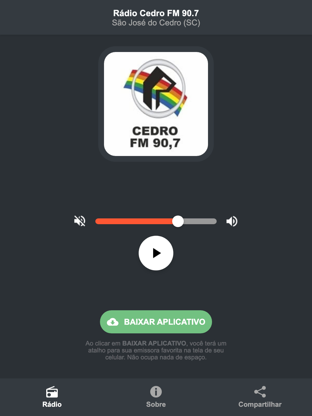 Screenshot do aplicativo da Rádio Cedro FM 90.7