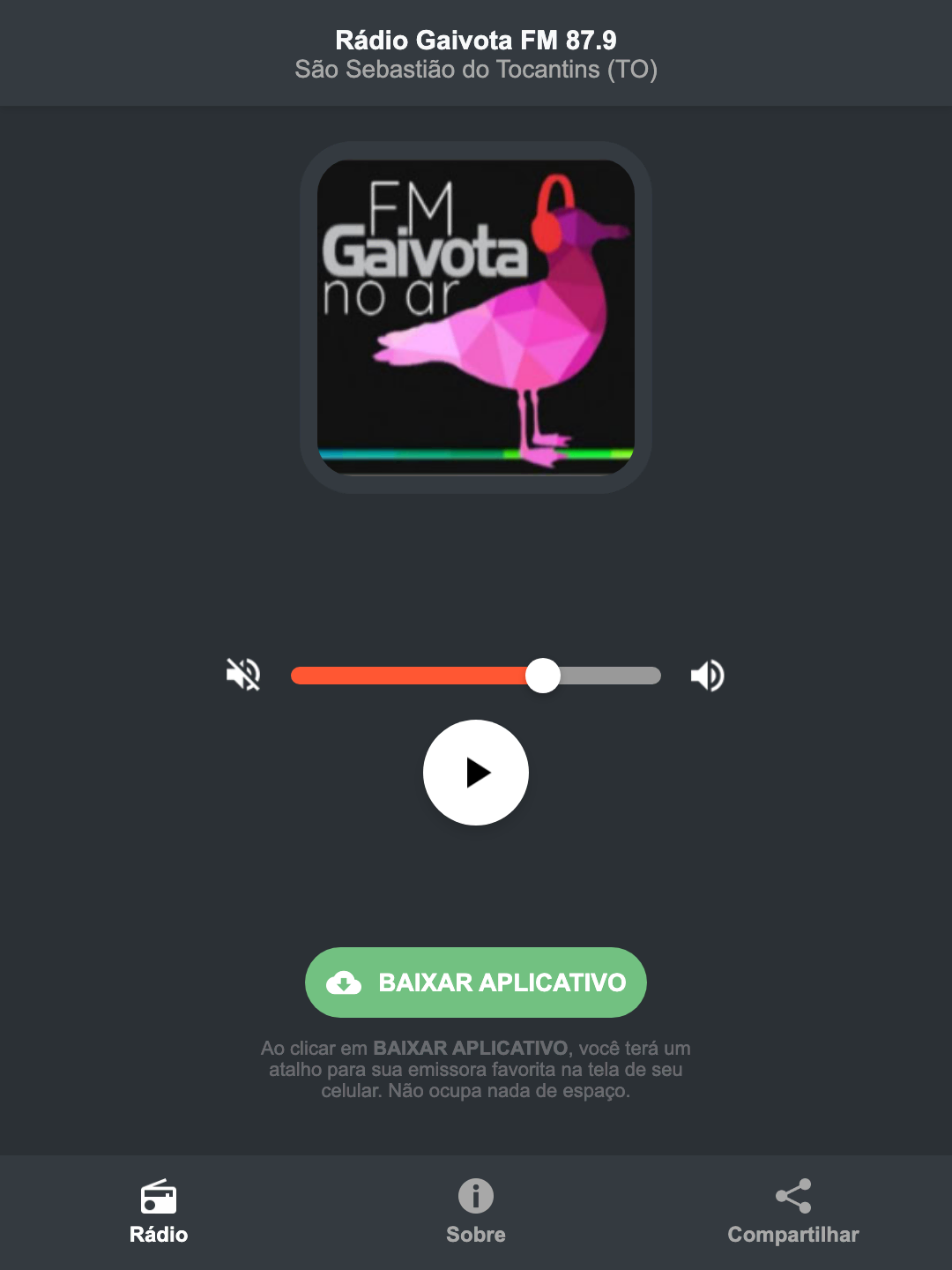 Screenshot do aplicativo da Rádio Gaivota FM 87.9