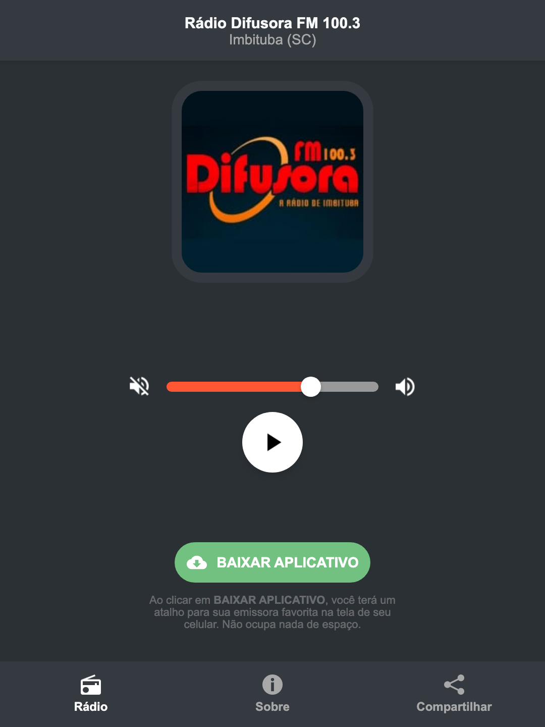 Screenshot do aplicativo da Rádio Difusora FM 100.3