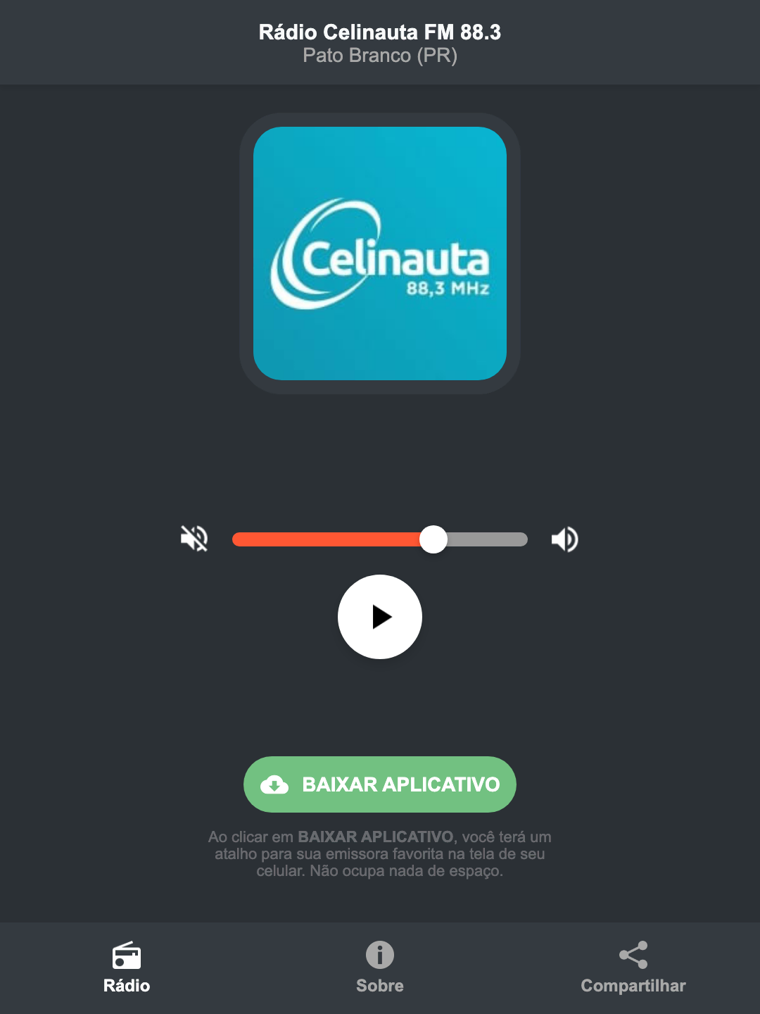 Screenshot do aplicativo da Rádio Celinauta FM 88.3