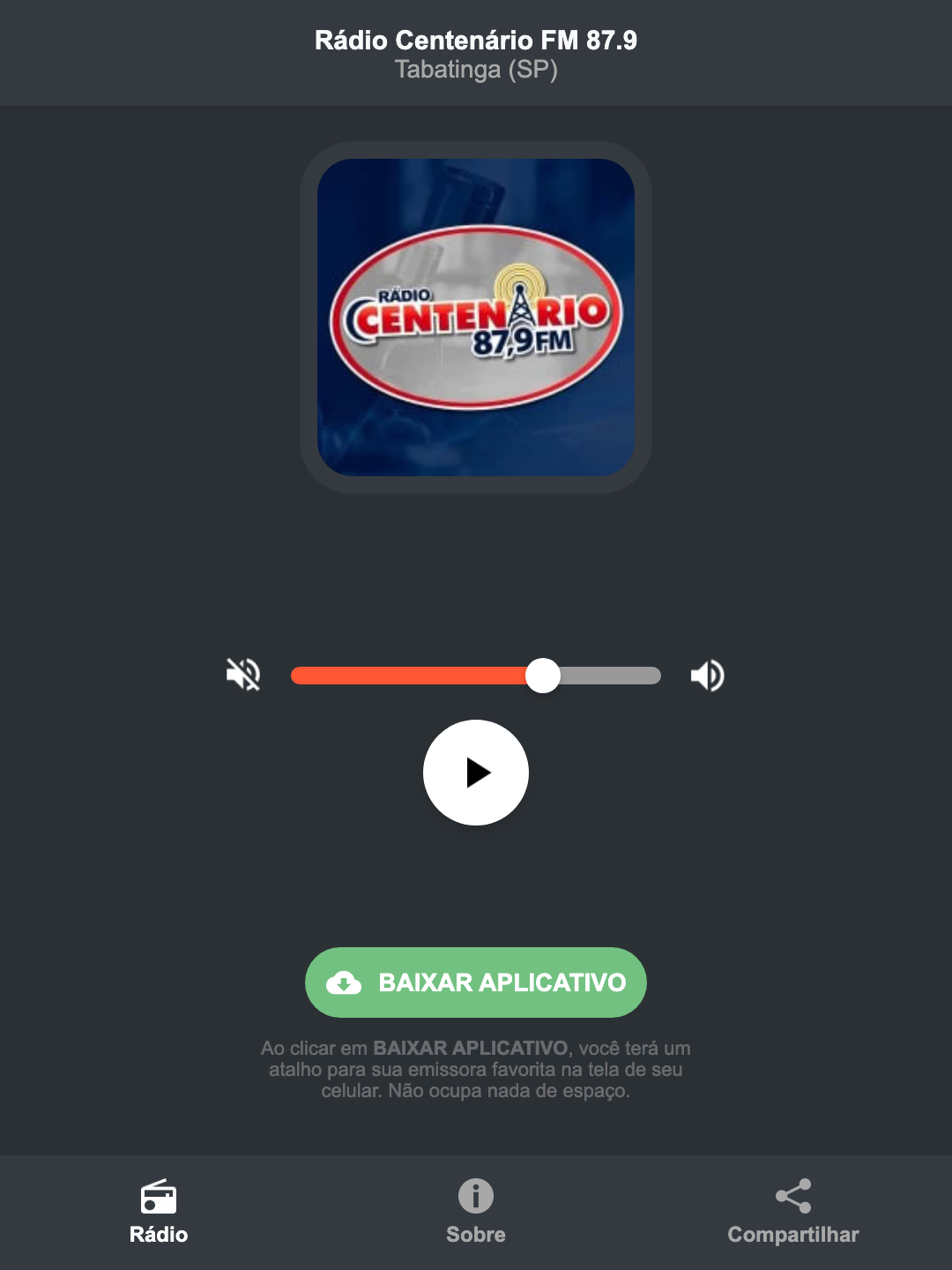 Screenshot do aplicativo da Rádio Centenário FM 87.9