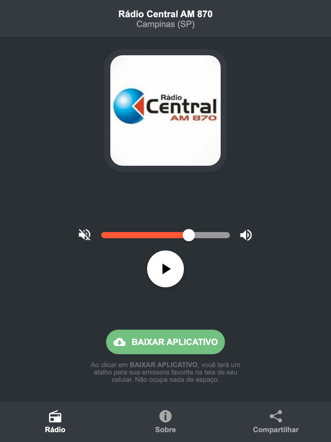 Screenshot do aplicativo da Rádio Central AM 870