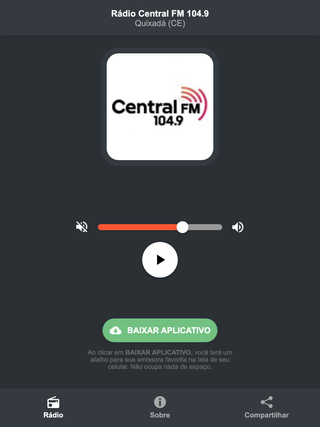 Screenshot do aplicativo da Rádio Central FM 104.9