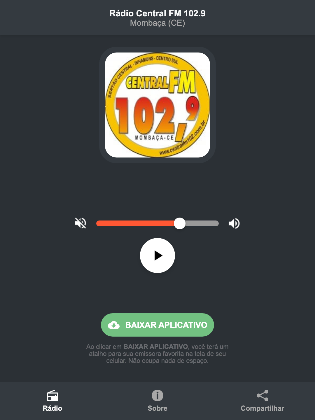 Screenshot do aplicativo da Rádio Central FM 102.9
