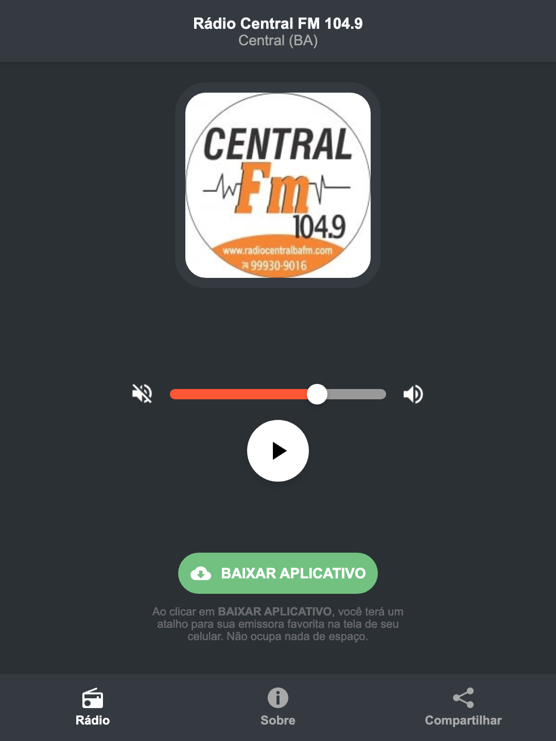 Screenshot do aplicativo da Rádio Central FM 104.9