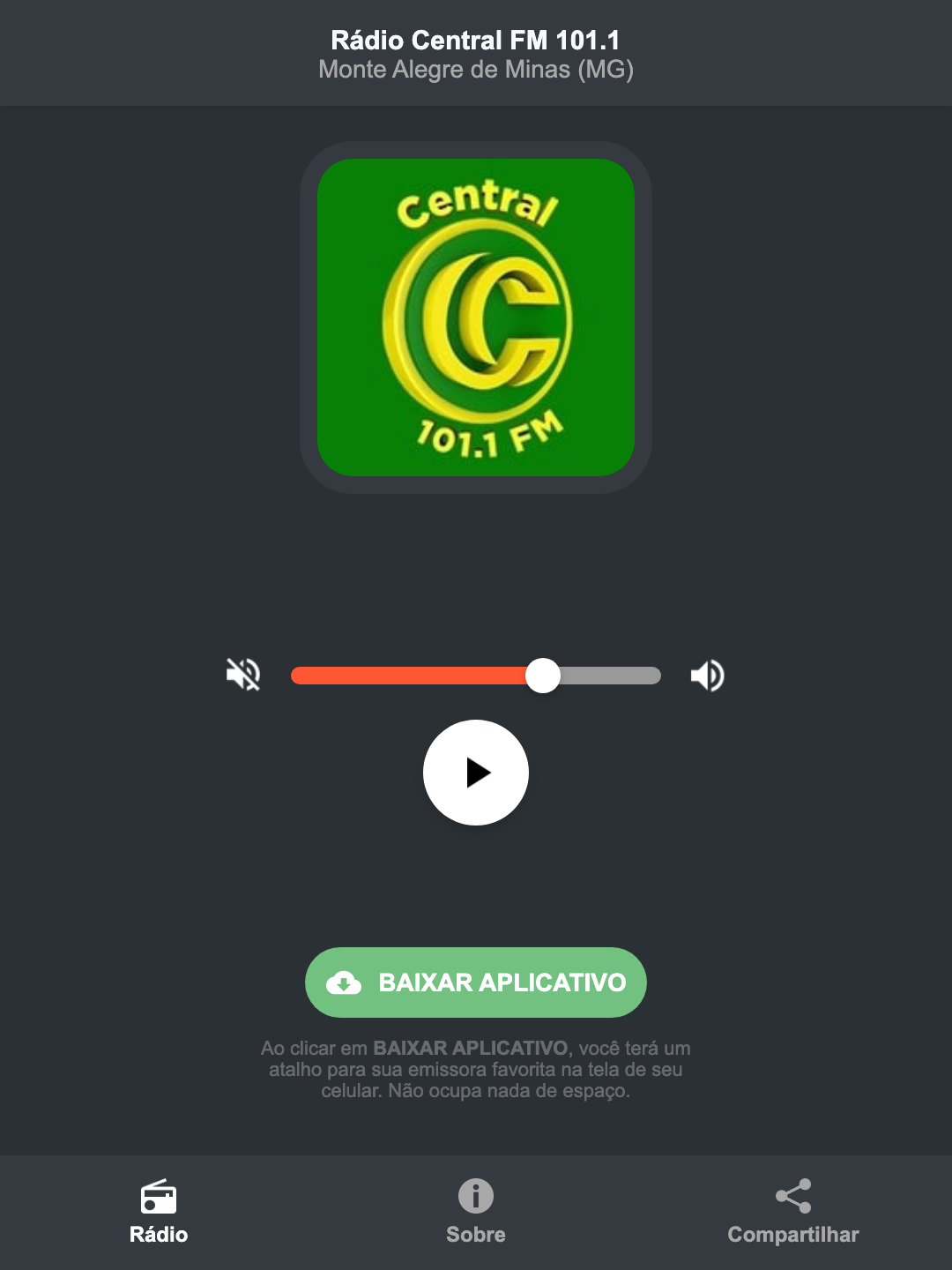 Screenshot do aplicativo da Rádio Central FM 101.1