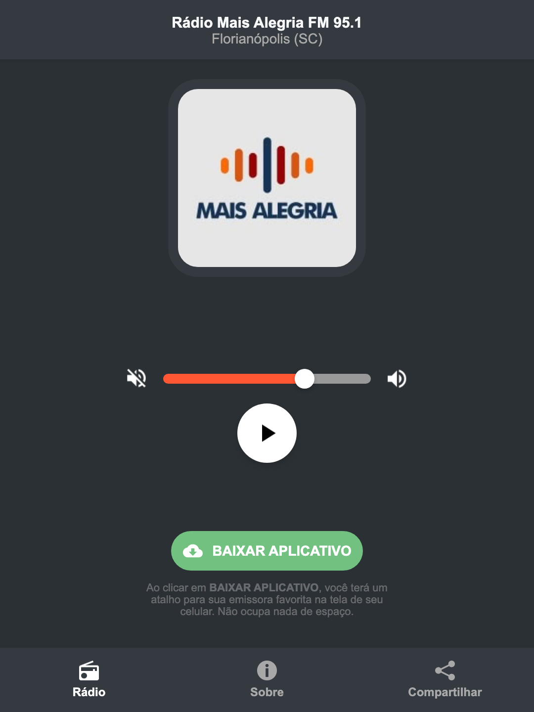 Screenshot do aplicativo da Rádio Mais Alegria FM 95.1