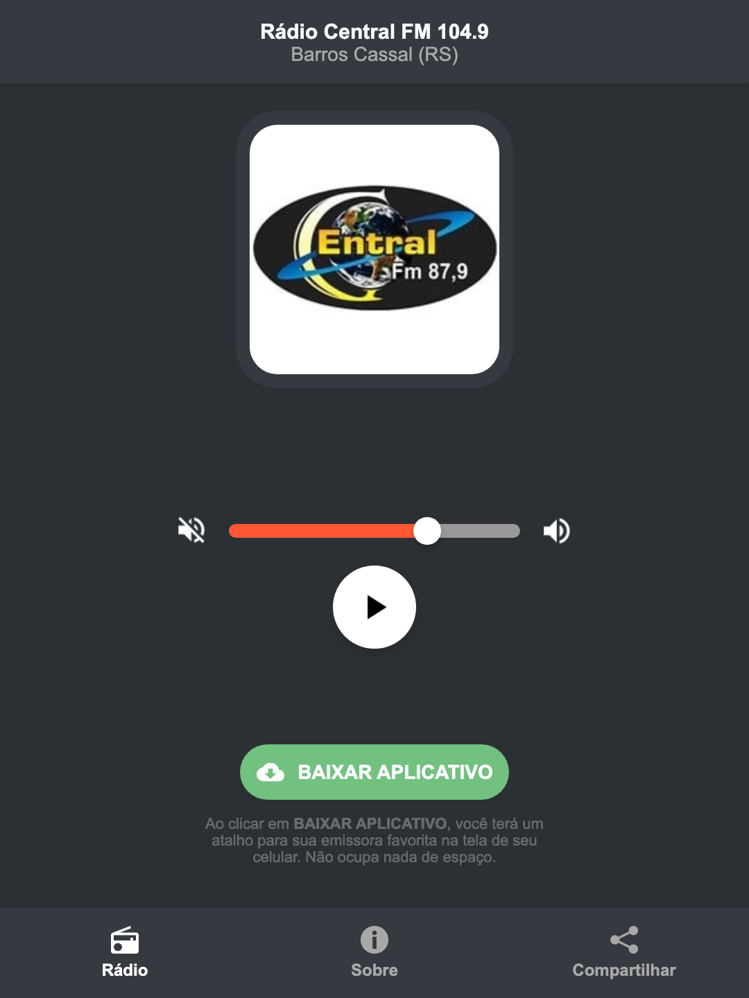 Screenshot do aplicativo da Rádio Central FM 104.9