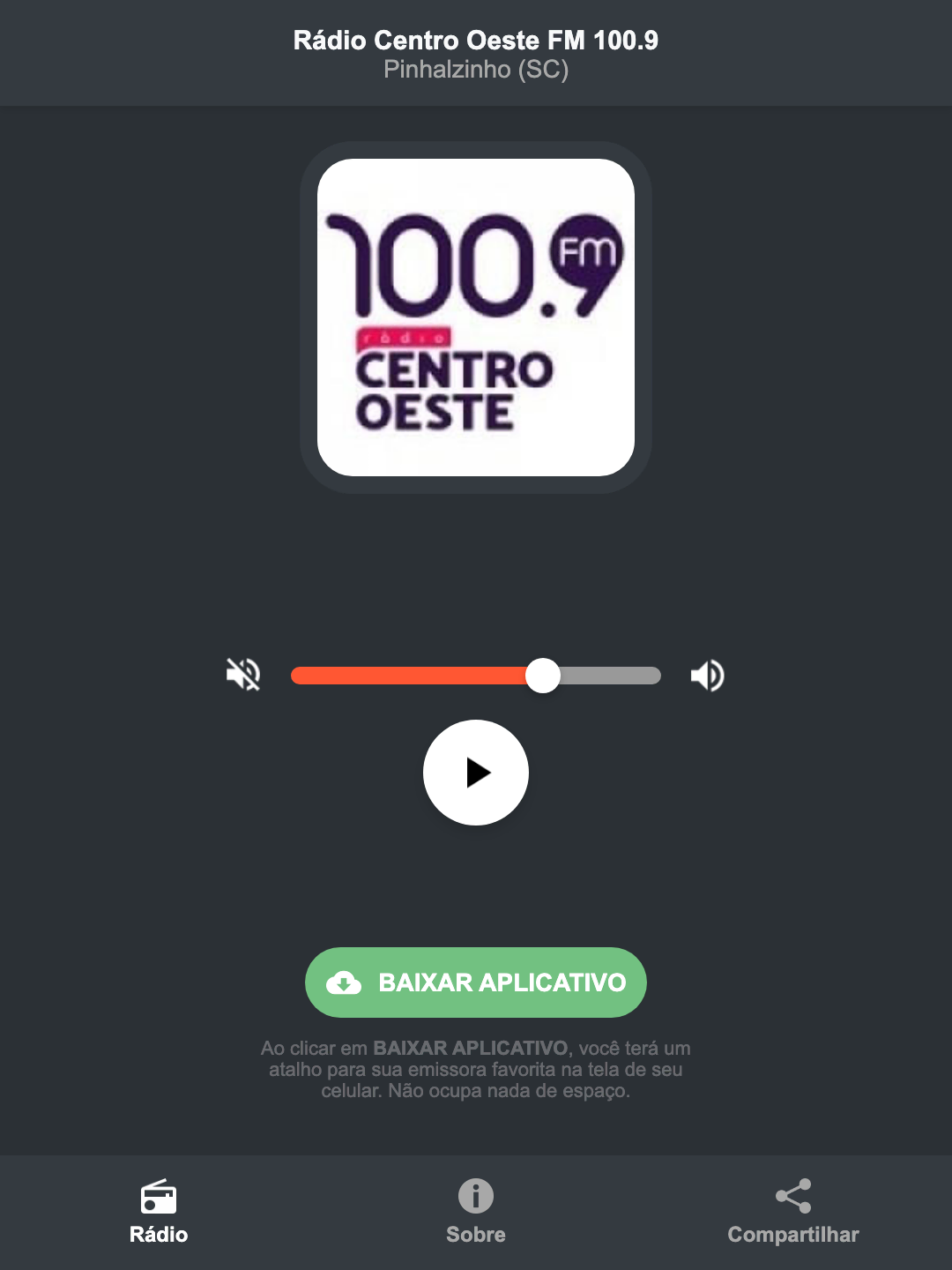 Screenshot do aplicativo da Rádio Centro Oeste FM 100.9