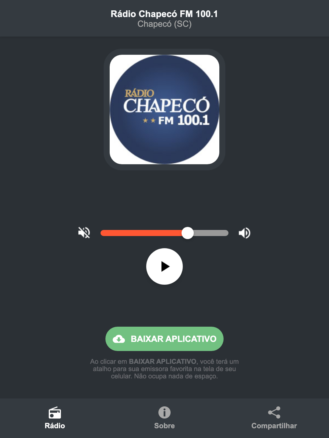 Screenshot do aplicativo da Rádio Chapecó FM 100.1