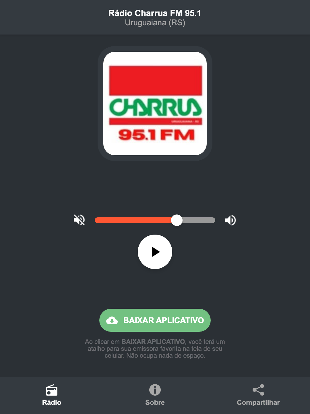 Screenshot do aplicativo da Rádio Charrua FM 95.1
