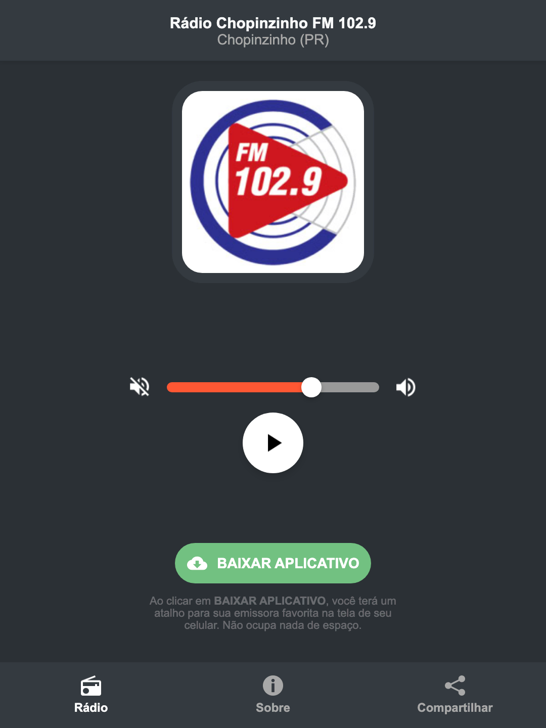 Screenshot do aplicativo da Rádio Chopinzinho FM 102.9