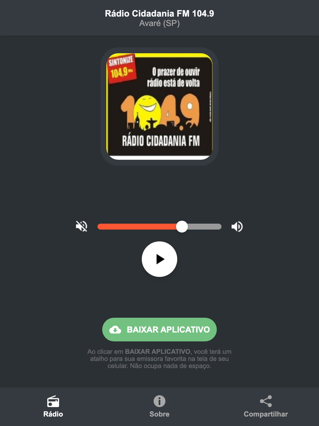 Screenshot do aplicativo da Rádio Cidadania FM 104.9