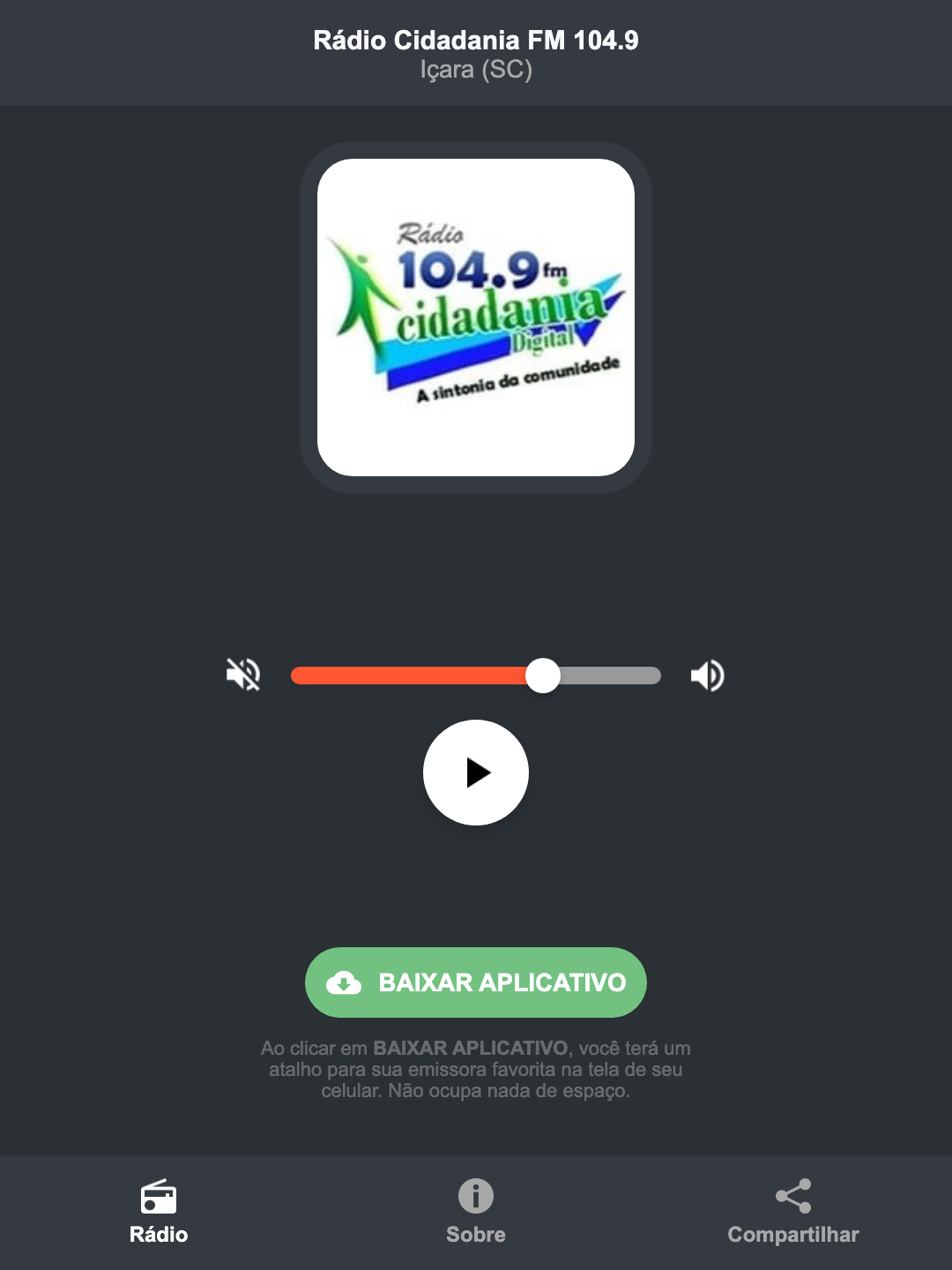 Screenshot do aplicativo da Rádio Cidadania FM 104.9