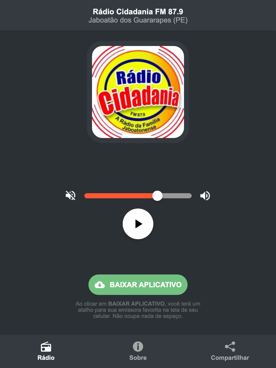 Screenshot do aplicativo da Rádio Cidadania FM 87.9