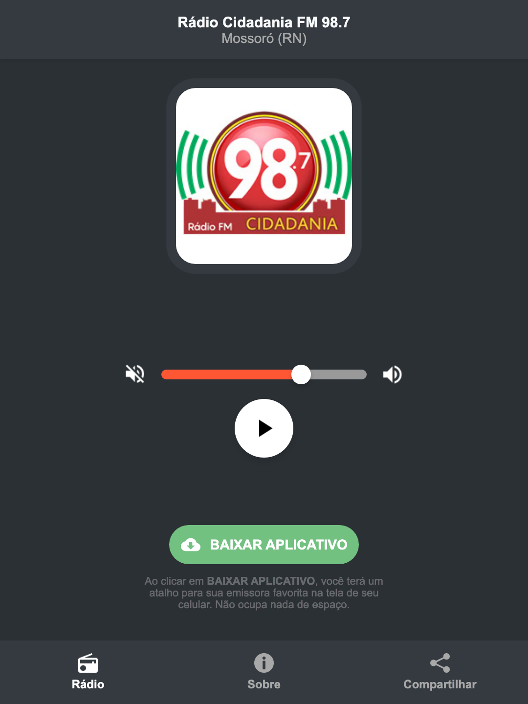 Screenshot do aplicativo da Rádio Cidadania FM 98.7