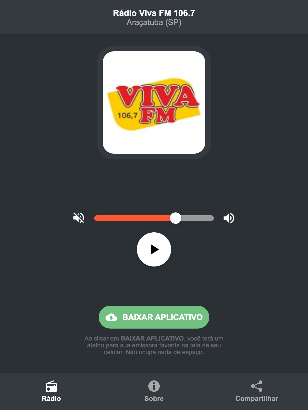 Screenshot do aplicativo da Rádio Viva FM 106.7